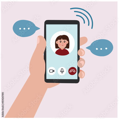 Vector hand holding phone video call ringing flat style illustration