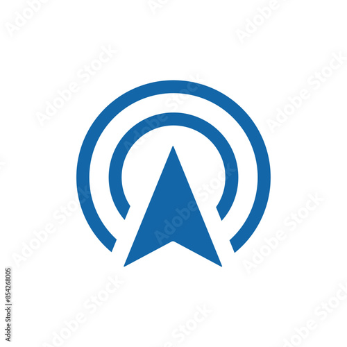 This is a simple flat logo of an arrowhead pointing up on a circle all in blue color