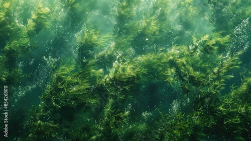 A green underwater scene with lots of plants and seaweed. The water is murky and the plants are thick and tangled © At My Hat