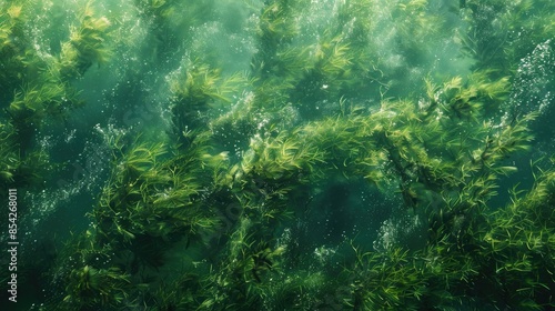 A green underwater scene with lots of plants and seaweed. The water is murky and the plants are thick and tangled