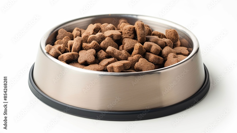 A bowl filled with dry dog food in various shapes, set on a white background A bowl filled with dry dog food in various shapes, set on a white background