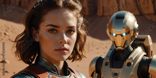 Inhabitants of Mars. Robot with glowing eyes and a girl looking at the camera. View of Mars. Simulation of an analog film.