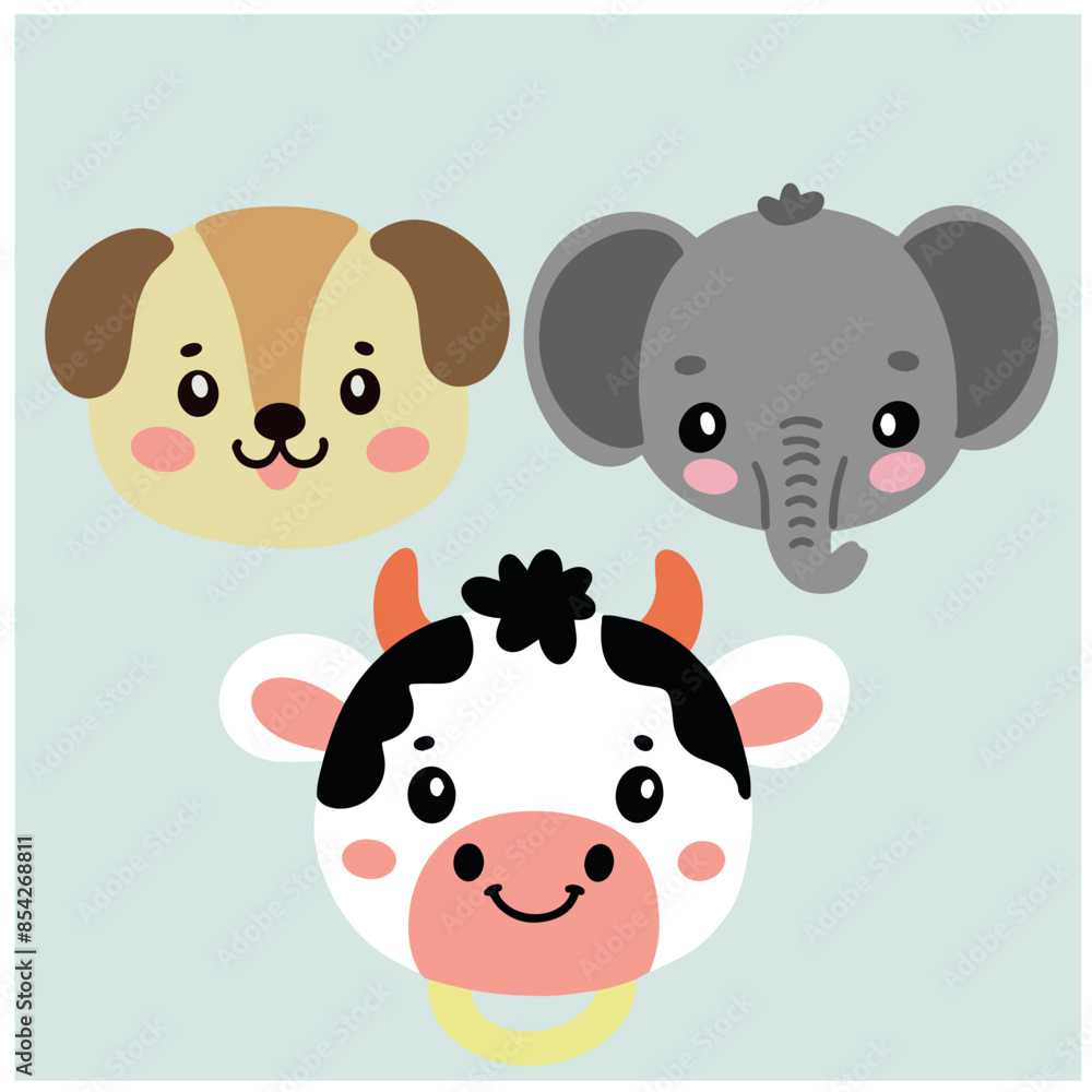 Set of vector cartoon animal head cow elephant dog illustration Set of vector cartoon animal head cow elephant dog illustration