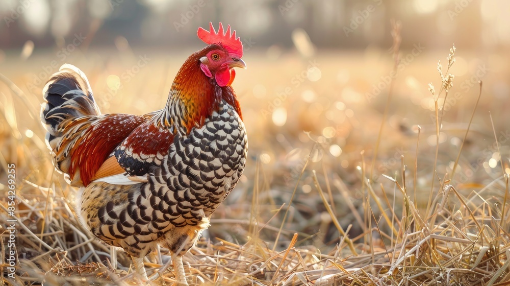 Fototapeta premium A chicken with brown black and white feathers strolling through dry grass on the farm