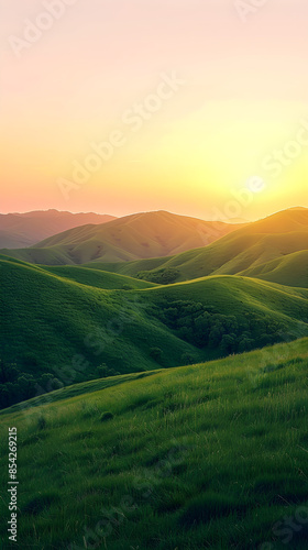 Tranquil Sunset Over Rolling Green Hills - A Serene Landscape Evoking Peace and Harmony with Nature