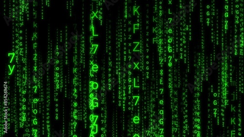 Matrix background, neon digital rain on monitor,Glowing digits and alphabet of matrix code falling.