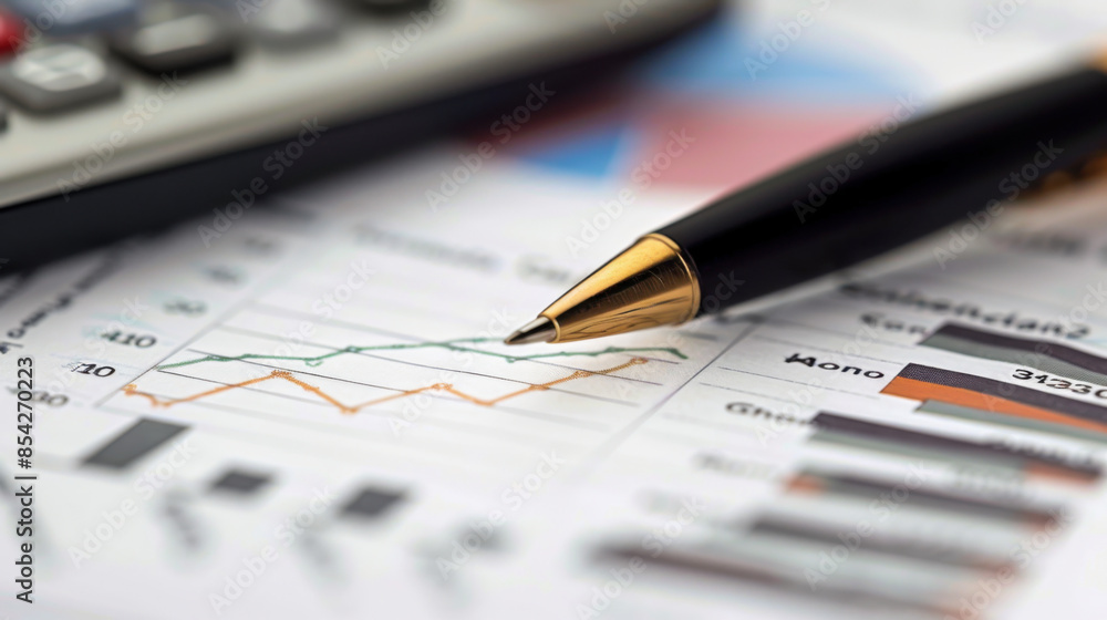 Close-up of financial charts with a pen and calculator, representing analysis and business planning. Close-up of financial charts with a pen and calculator, representing analysis and business planning.