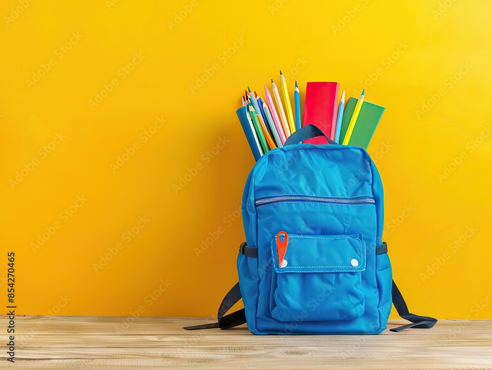Backpack with school stationery on wooden table against color background, space for text. AI generated illustration Backpack with school stationery on wooden table against color background, space for text. AI generated illustration