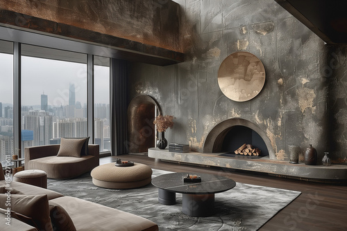 Minimalist living room with functional furniture and polished concrete textures, featuring soft grays and natural diffused daylight, creating a spacious and calming atmosphere.
