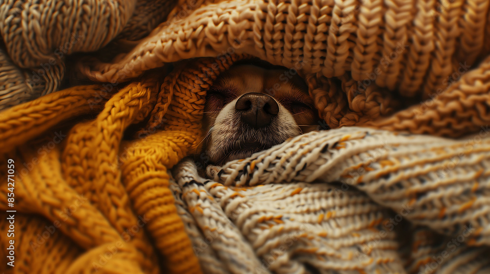 Photo of a dog buried in a pile of sweaters, only the animal's nose is visible, the concept of seasonality, domesticity and care, the dog's face inside a pile of knitted clothes Photo of a dog buried in a pile of sweaters, only the animal's nose is visible, the concept of seasonality, domesticity and care, the dog's face inside a pile of knitted clothes