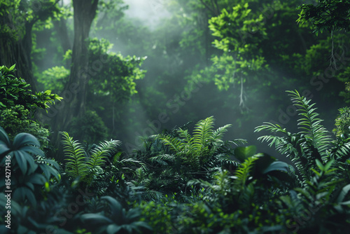 A serene image capturing the dense greenery and mist in a lush forest setting with a focus on vibrant ferns in the foreground