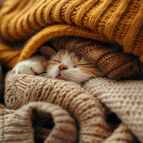 Photo of a cat buried in a pile of sweaters, only the animal's nose is visible, the concept of seasonality, domesticity and care, the cat's face inside a stack of knitted clothes