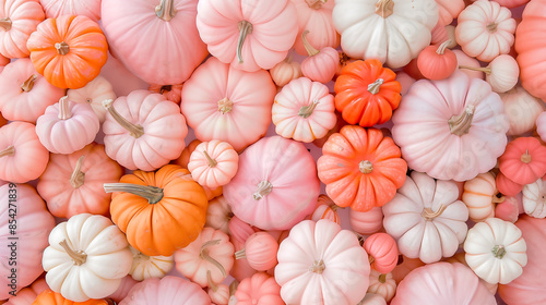 Photorealistic background of pink and light colored pumpkins, concept of seasonality, farming and harvest, unusual pink pumpkins