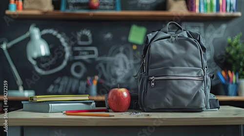 concept of education, stationery on the school table. Back to school, with school supplies, an apple, old books and a backpack on a wooden table above the blackboard. AI generated illustration