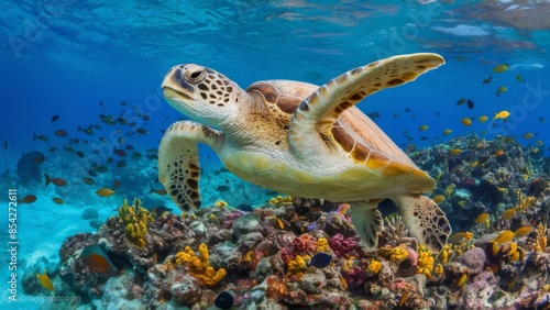 An image of a Hawaiian Green Sea Turtle gliding through the serene and warm waters of the Pacific Ocean in Hawaii, with colorful coral reefs in the background photo