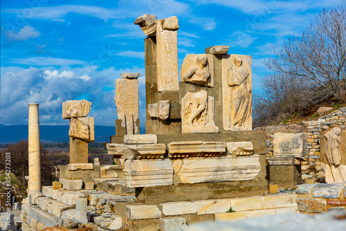View of architectural elements of partially reconstructed Hydreion Fountain in ancient Greek city of Ephesus, Izmir, Turkey photo