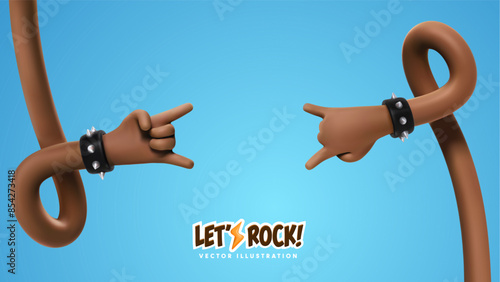 Multicultural Rock stars music vector illustration. 3d cartoon multi ethnic dark skin heroes hands Sign horn. Rock festival music banner template two hands gesture heavy metal arms.
