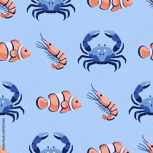 Bezszwowy wzór w kraby, krewetki i ryby. Tło w morskim stylu. Ilustracja wektorowa.