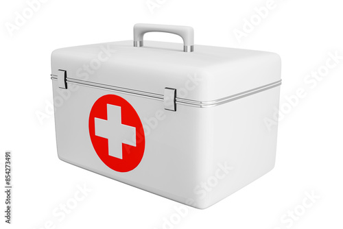 First aid kit, white medicine box, emergency vehicle, ambulance medical assistance, care and rescue, 3D emergency accident concept showing cutting path icon.