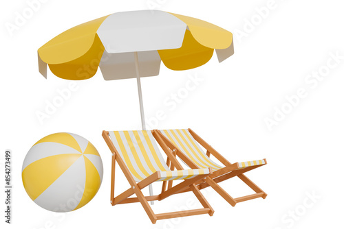 Vacation beach landscape with elements of beach chairs, sea, yellow umbrella with balls, 3D illustration