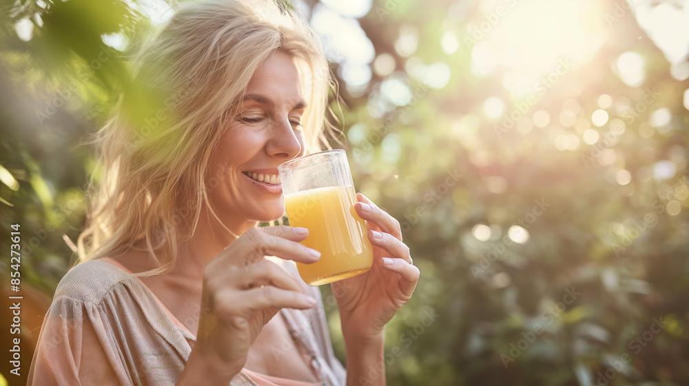 Happy woman enjoying a glass of orange juice on a sunny day. Happy woman enjoying a glass of orange juice on a sunny day.