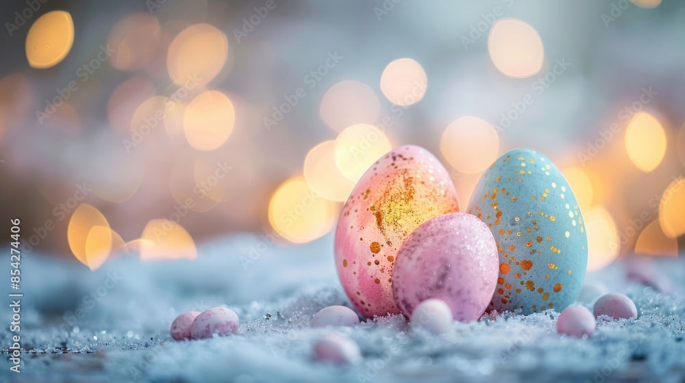 Decorated Easter eggs placed on a snowy surface with bokeh lights in the background, creating a magical and whimsical holiday scene. Decorated Easter eggs placed on a snowy surface with bokeh lights in the background, creating a magical and whimsical holiday scene.