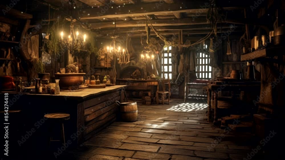 Cozy medieval bar interior with warm and relaxing atmosphere. Seamless looping video background Cozy medieval bar interior with warm and relaxing atmosphere. Seamless looping video background
