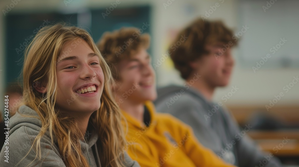Three teenagers laughing and having a good time in a classroom setting, capturing the joy and camaraderie of student life. Three teenagers laughing and having a good time in a classroom setting, capturing the joy and camaraderie of student life.