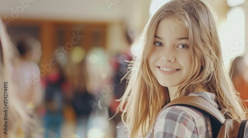 A teenage girl with a backpack smiling in a school corridor, radiating confidence and friendliness in an educational setting.