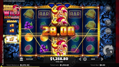 Playing online casino slot machine game and winning big money on a laptop.