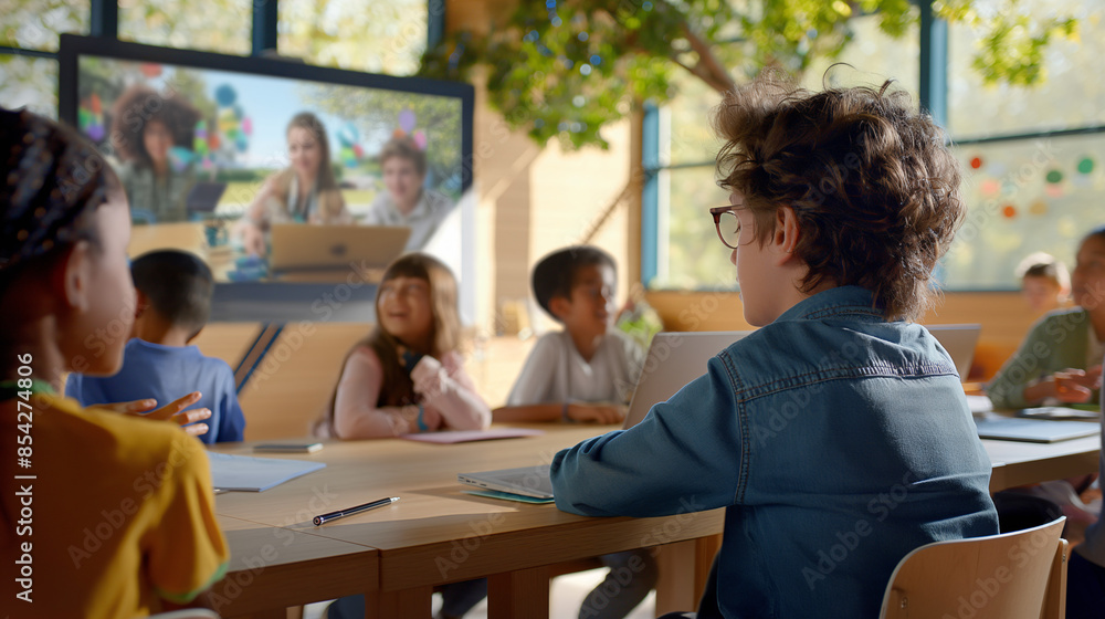 Students of various ages sit at desks in a classroom, using laptops and interacting with a digital screen displaying a video lesson Students of various ages sit at desks in a classroom, using laptops and interacting with a digital screen displaying a video lesson