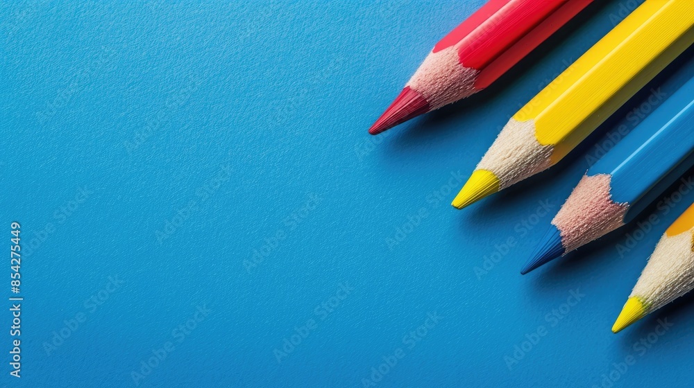 Blue yellow and red pencil on blue backdrop with space for text Blue yellow and red pencil on blue backdrop with space for text