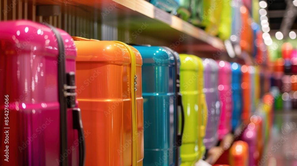 A row of vibrant hard-shell suitcases displayed in a store, featuring bright colors and reflecting modern travel style. A row of vibrant hard-shell suitcases displayed in a store, featuring bright colors and reflecting modern travel style.
