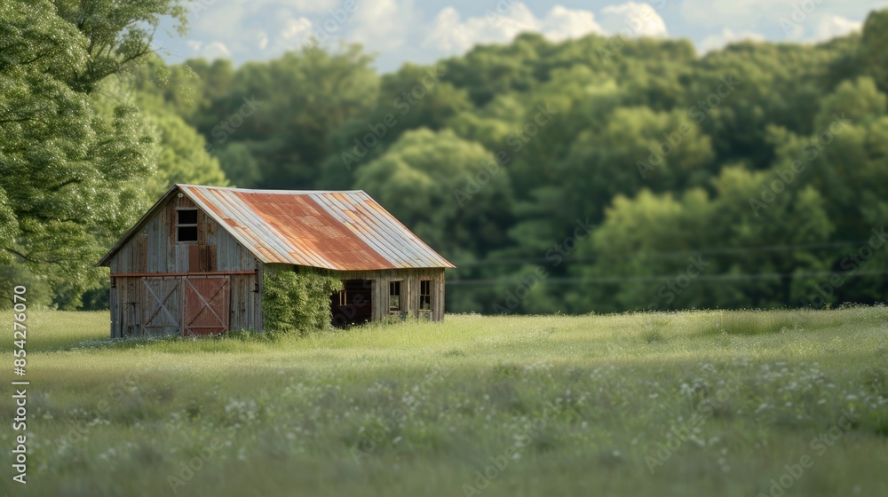 Fototapeta premium A rustic barn with a weathered roof situated in a peaceful meadow, surrounded by lush greenery and trees, reflecting rural charm.