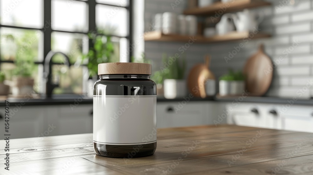 A sleek, modern kitchen interior featuring a glass jar with a wooden lid on a polished wooden table, creating a clean and minimalist aesthetic. A sleek, modern kitchen interior featuring a glass jar with a wooden lid on a polished wooden table, creating a clean and minimalist aesthetic.