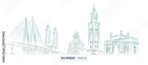 Mumbai cityscape line drawing vector. sketch style Mumbai, India landmark illustration 
