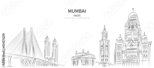 Mumbai cityscape line drawing vector. sketch style Mumbai, India landmark illustration 
