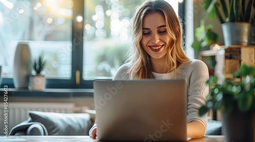 A young smiling woman focused on her laptop in a cozy indoor setting with plants