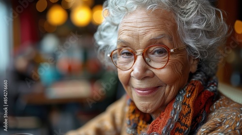 A heartwarming close-up portrait of an elderly woman with a gentle smile and stylish round glasses