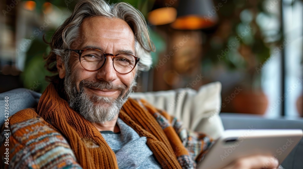 A joyful and content man with spectacles and a knitted scarf holds a tablet while smiling in a cozy setting A joyful and content man with spectacles and a knitted scarf holds a tablet while smiling in a cozy setting