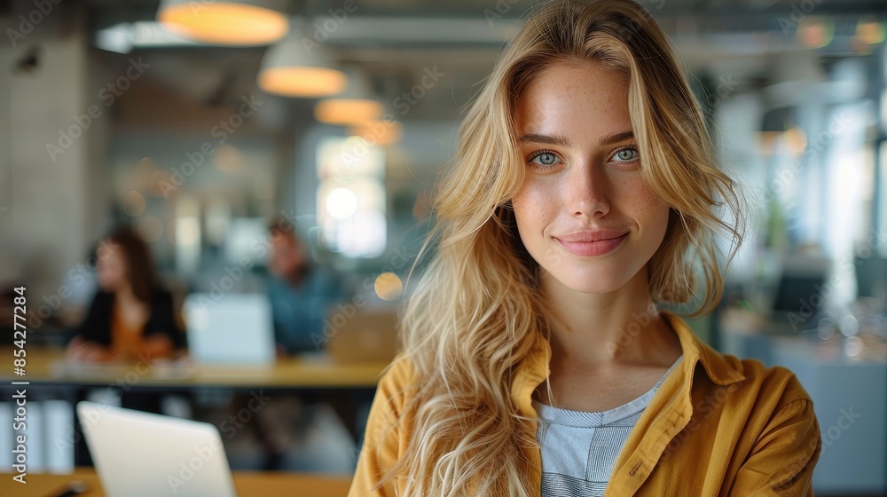 A young professional woman with a yellow jacket poses with a warm smile in a workspace with colleagues in the background A young professional woman with a yellow jacket poses with a warm smile in a workspace with colleagues in the background