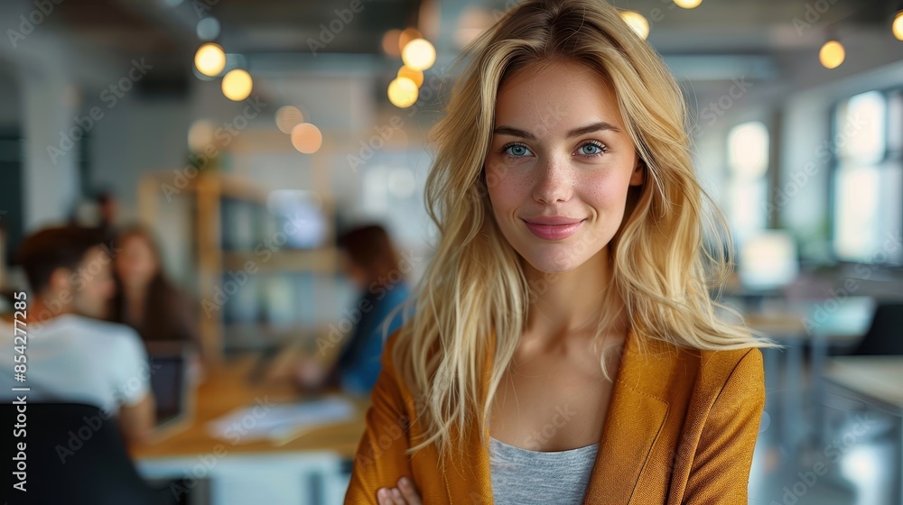 Fashionable businesswoman with a confident stance in a creative and dynamic office environment Fashionable businesswoman with a confident stance in a creative and dynamic office environment