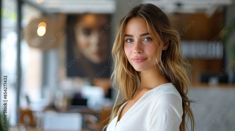 A confident young woman gazing at the camera with a subtle smile, exuding a professional and welcoming vibe in an office A confident young woman gazing at the camera with a subtle smile, exuding a professional and welcoming vibe in an office