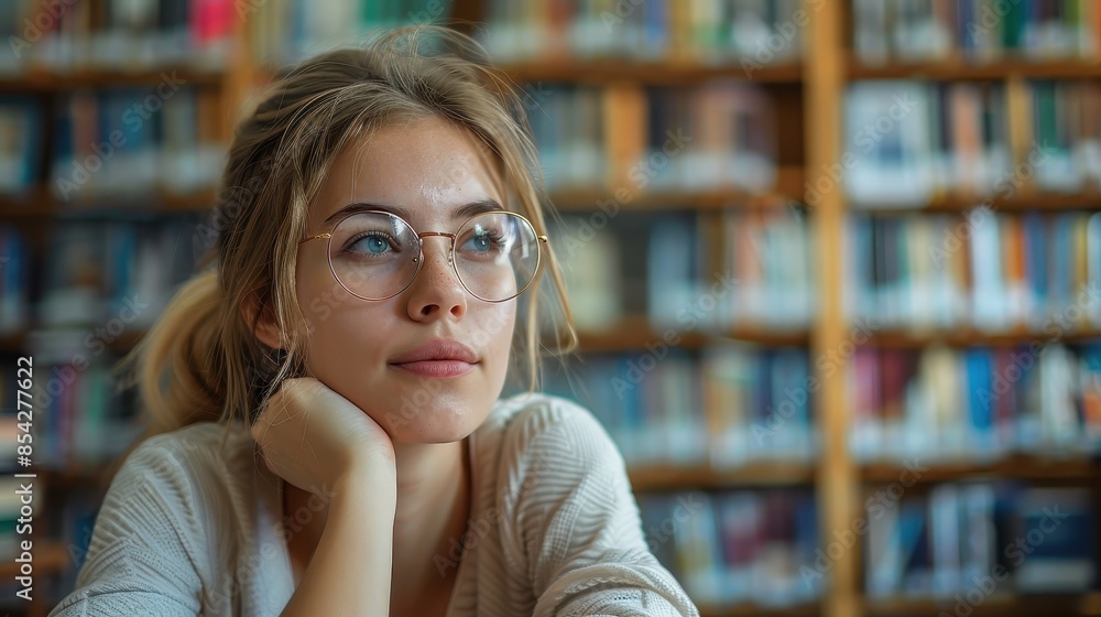 Close up of a daydreaming female student with glasses resting chin in hand against a backdrop of library shelves Close up of a daydreaming female student with glasses resting chin in hand against a backdrop of library shelves