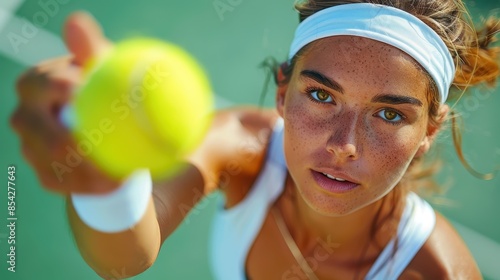 A female tennis player with intense look holding a tennis ball, ready for action on the court photo