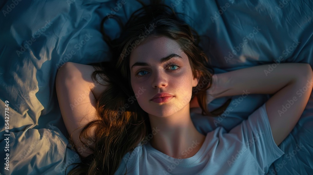 A young woman lying down, bathed in blue night light, provides a serene and introspective scene A young woman lying down, bathed in blue night light, provides a serene and introspective scene