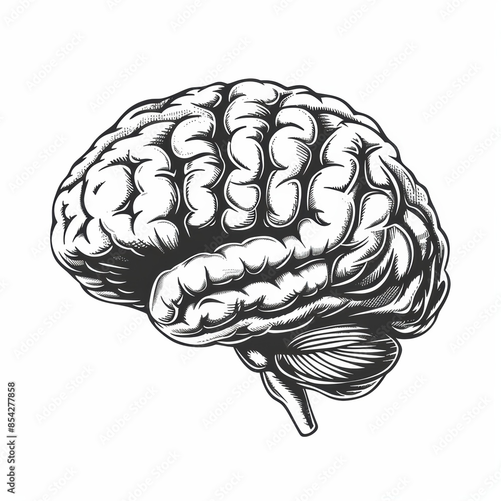 Hand-drawn illustration of a human brain in black and white, depicting ...