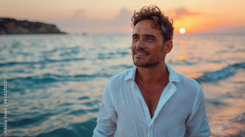 Handsome man in white shirt gazes thoughtfully with ocean sunset in the background