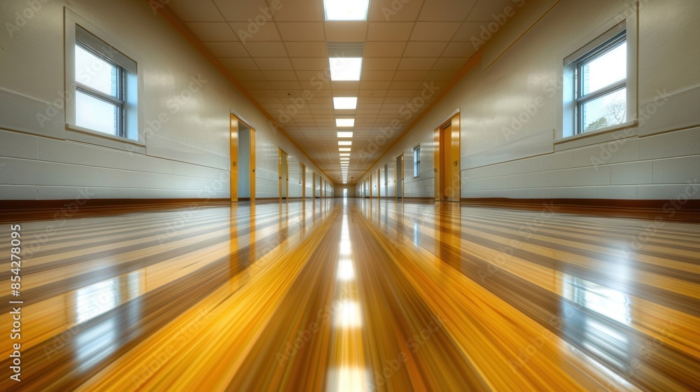 A brightly lit, modern corridor with wooden flooring and symmetrical design, featuring open doorways and clean lines for a fresh look. A brightly lit, modern corridor with wooden flooring and symmetrical design, featuring open doorways and clean lines for a fresh look.