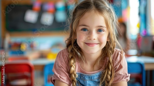 Wallpaper Mural A cheerful young girl with braided pigtails and a bright smile, sitting in a lively classroom environment Torontodigital.ca